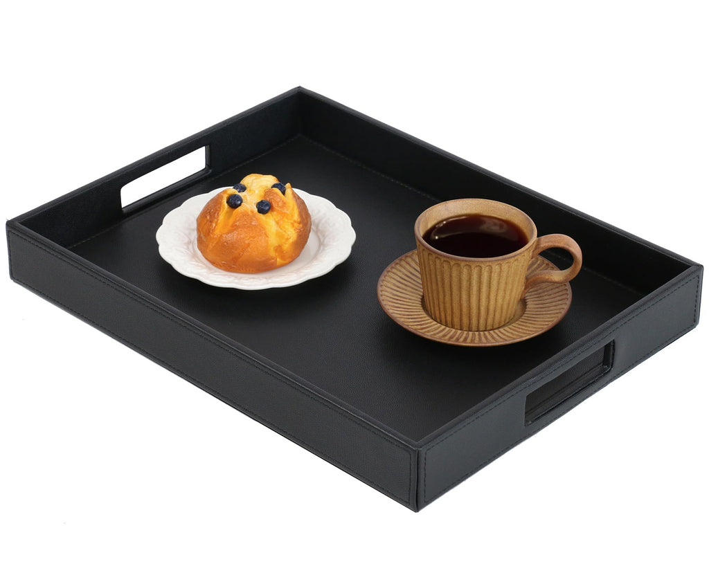 HofferRuffer Rectangle Serving Tray with Hole Handles for Coffee Table, Breakfast, Tea, Food, Butler - Countertop, Kitchen, Vanity Serve Tray, 16.2 x 12.2 x 2 inches, Faux Leather Tray (Black)