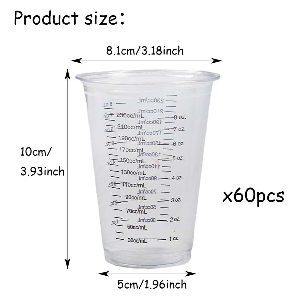 JIAYUYUARPY 60 Pack 8 Oz Disposable Graduated Clear Cups. Resin Mixing Cups for Epoxy Resin, Plastic Measuring Cups,Liquid Measuring Cups,Dry Measuring Cups,Baking Supplies