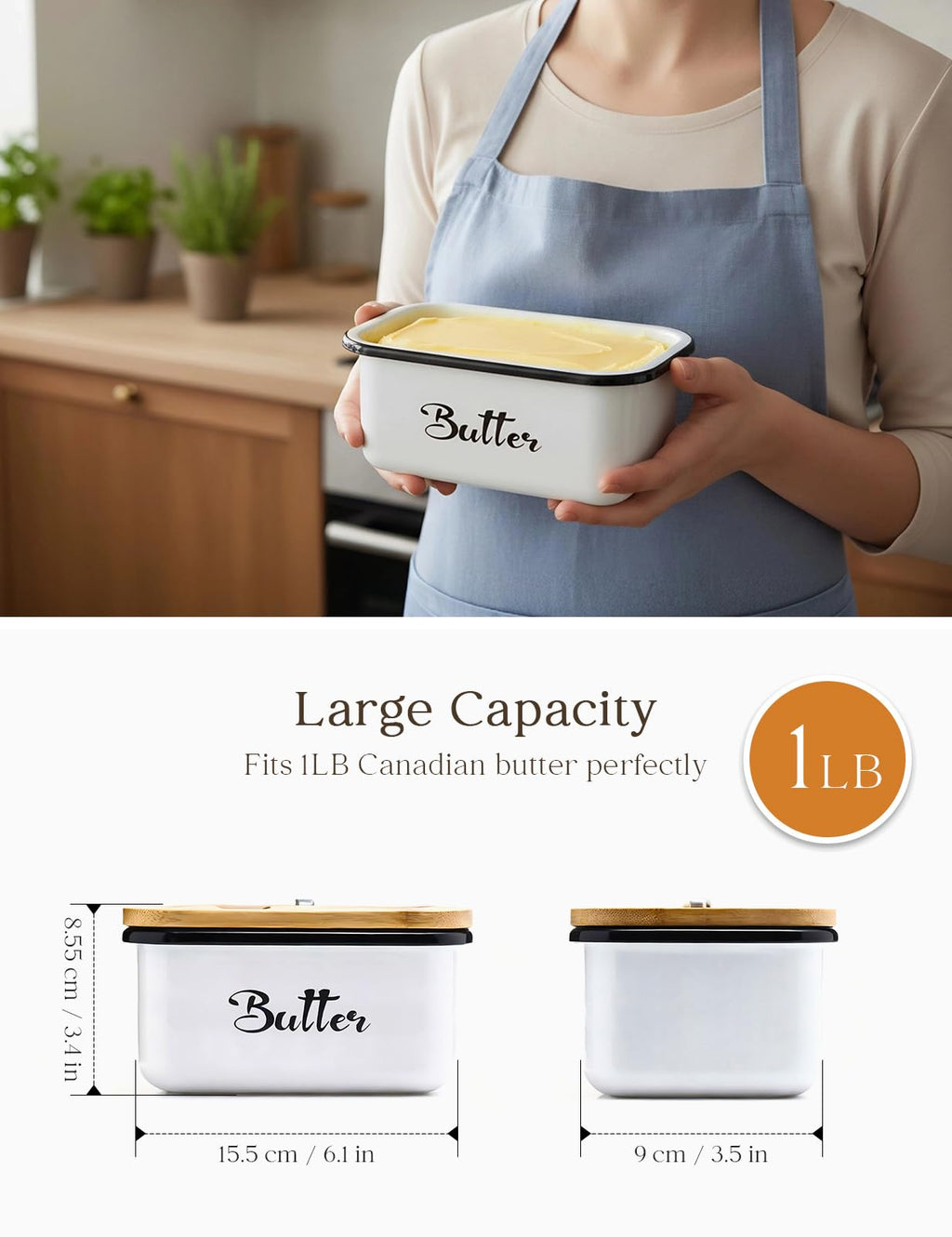 Butter Dish with Lid: Metal Beurrier Butter Dish for 1 LB of Canadian Butter - Airtight Large Capacity Butter Keeper Butter Container with Knife - Butter Holder for Countertop - White