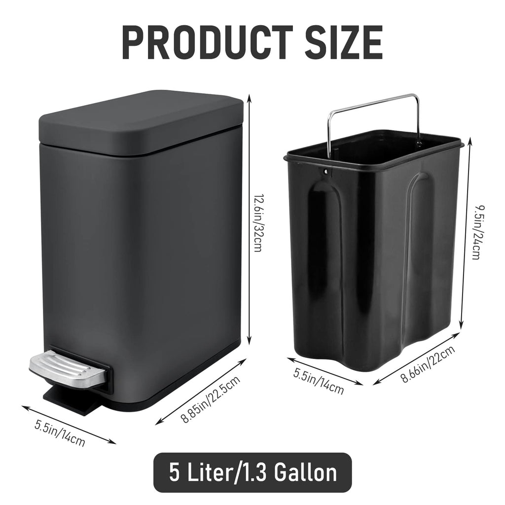 5 Liter/1.3 Gallon Slim Small Trash Can with Lid Soft Close, Stainless Steel Garbage Can for Bathroom Bedroom Office, Rectangular Step Trash Bin with Removable Inner Waste Basket (Black)