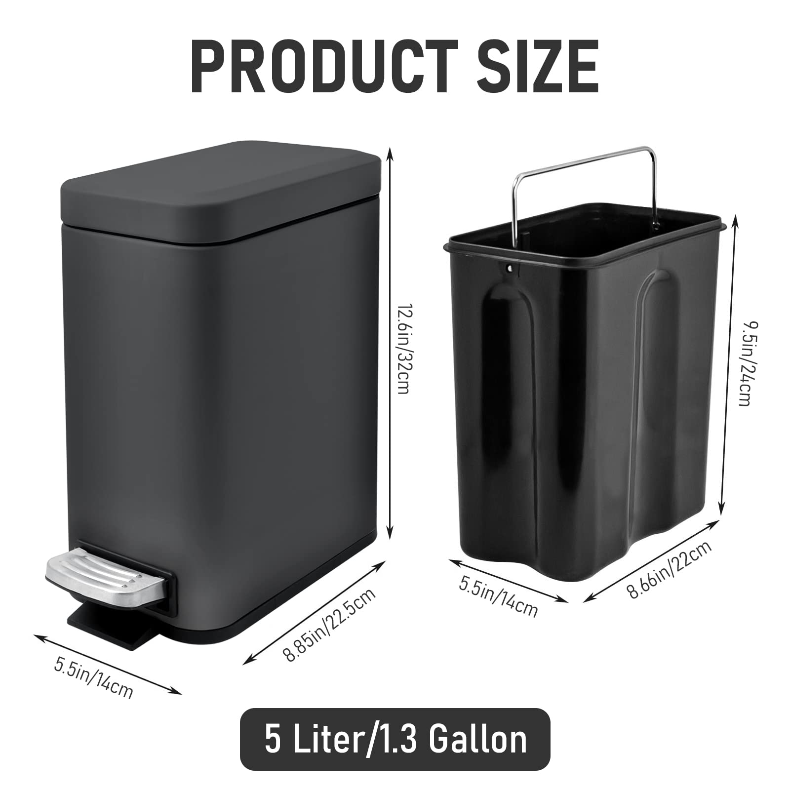 5 Liter/1.3 Gallon Slim Small Trash Can with Lid Soft Close, Stainless Steel Garbage Can for Bathroom Bedroom Office, Rectangular Step Trash Bin with Removable Inner Waste Basket (Black)