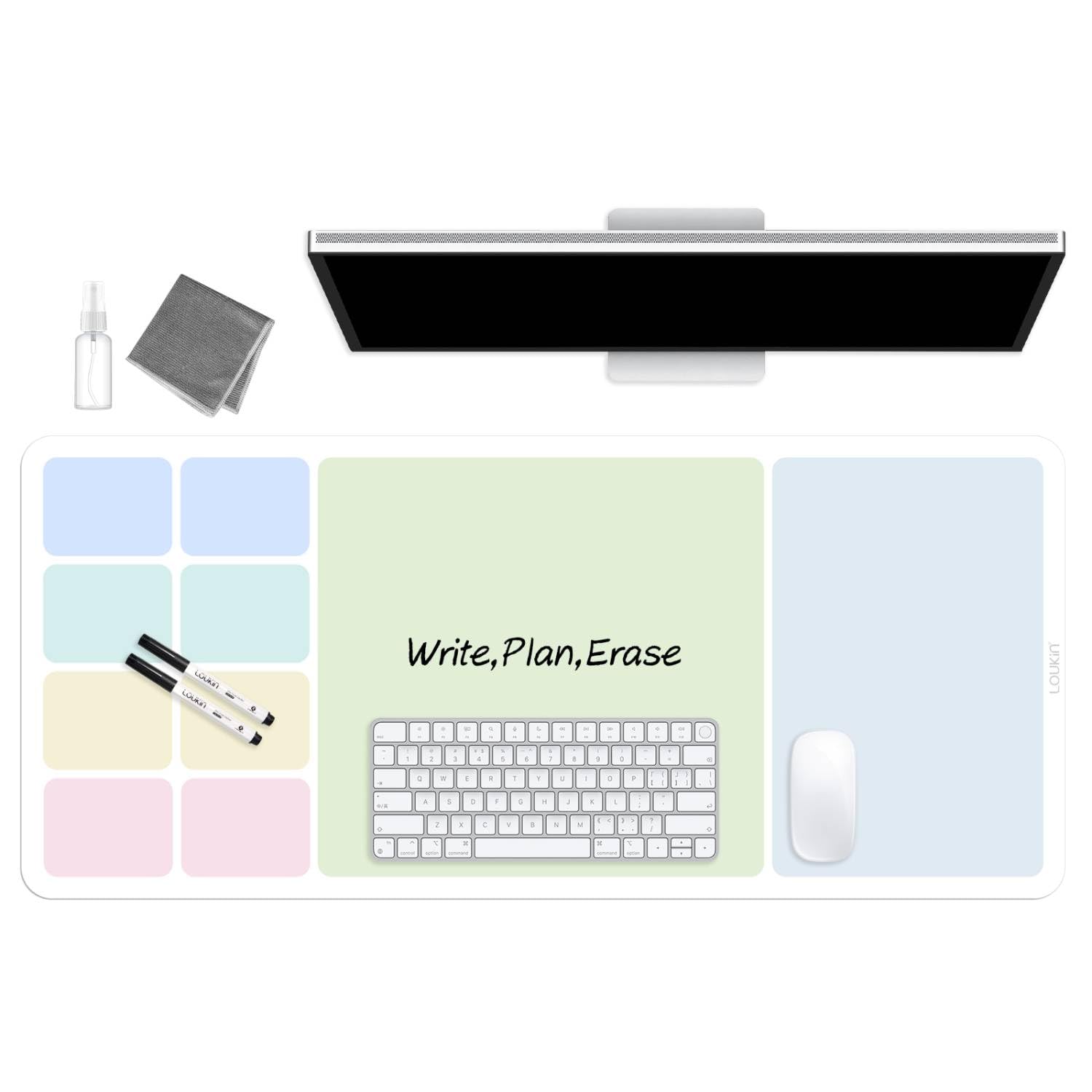 LOUKIN Erasable Dry Erase Desk Mat, Mouse Pad, Writing White Board, Non-Slip Desktop Protector for Office, Home, School (Includes 2 Wet Erase Markers & Cleaning Cloth) 32"x14"