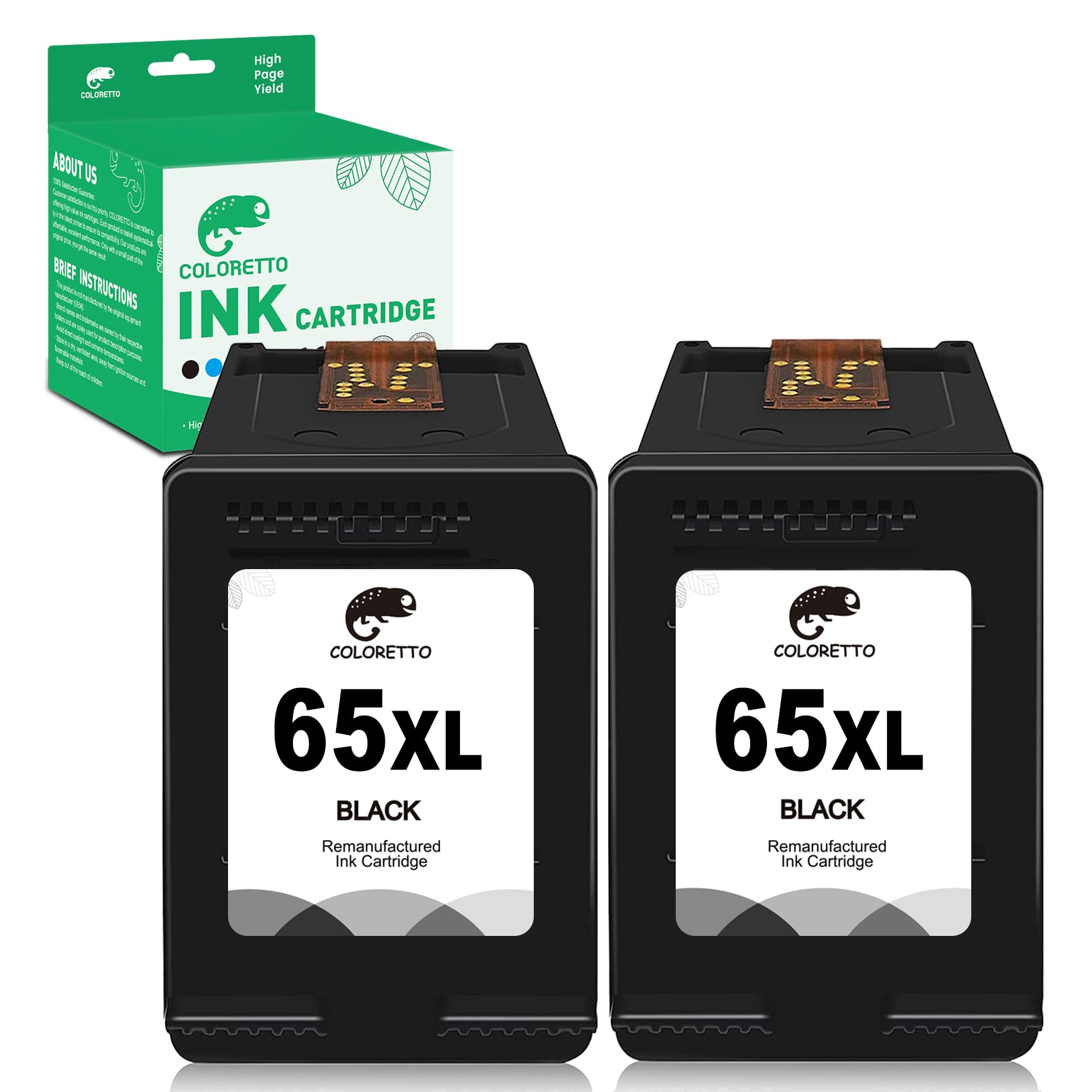 COLORETTO Ink Cartridges 65XL Black for HP Envy 5052 DeskJet 3755 3700 3722 3720 3700 2655 2652 2624 2630 2675 2600 Envy 5055 5010 5000 AMP125 Printer Remanufactured hp 65 XL High-Yield Noir 2-Pack