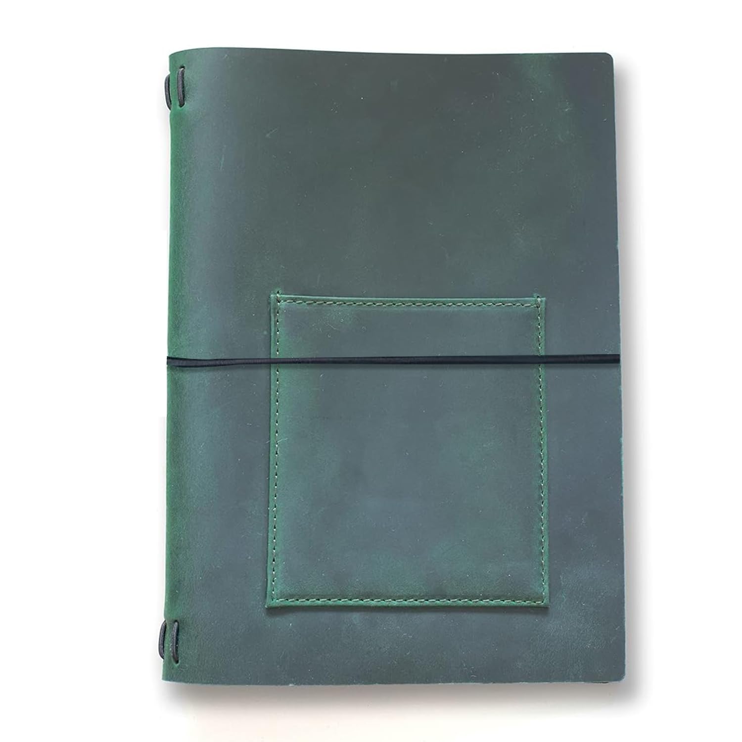 KISSKI Vintage Leather Notebook Journal, Refillable A5 Travelers Notebook Cover with Pen/Phone Pocket, 6x9 in, Writing Diary Cover/Daily Notepad for 5.5x8.5 Paper, Handmade Gift for Women/Men, Green