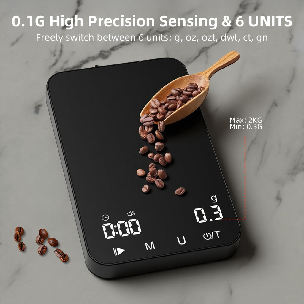 Rechargeable Mini Coffee Scale with Timer, 2kg/0.1g Diyife Espresso Scale with Tare, Buzzer Function, 6 Units, High Precision Portable Digital Accurate Scale for Espresso and Pour-Over Coffee