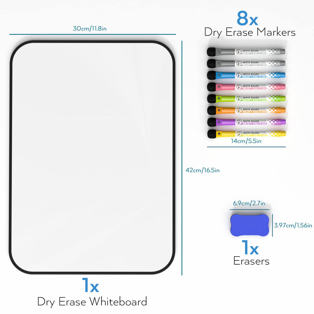 Nicpro Dry Erase Whiteboard A3, Magnetic Double Sided 12 x 16 White Board with Black Border, Including 8 Water-Based Pens and 1 Eraser for Kid Writing & Drawing, Student School, Classroom, Home Use