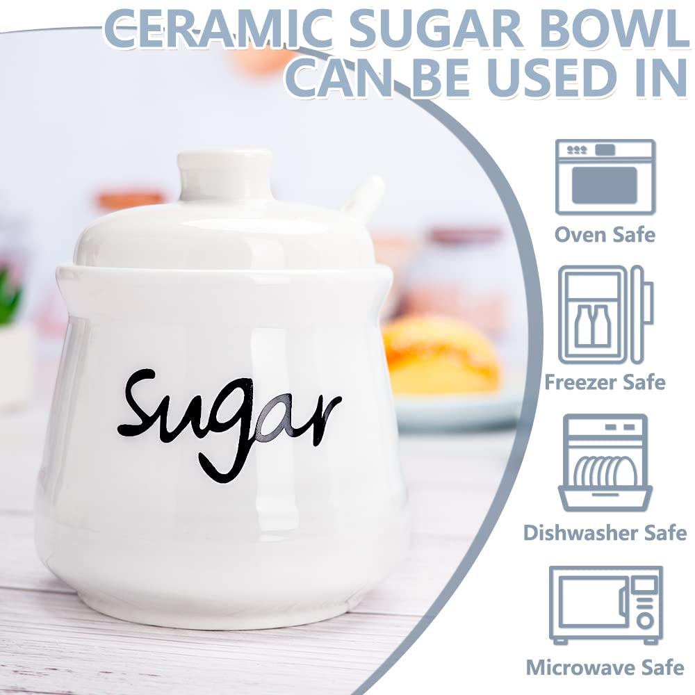 Swetwiny Porcelain Sugar Bowl with Lid and Spoon, 12 Ounces Ceramic Sugar Storage Jar Sugar Dispenser, White Seasoning Container for Home and Kitchen (Sugar)