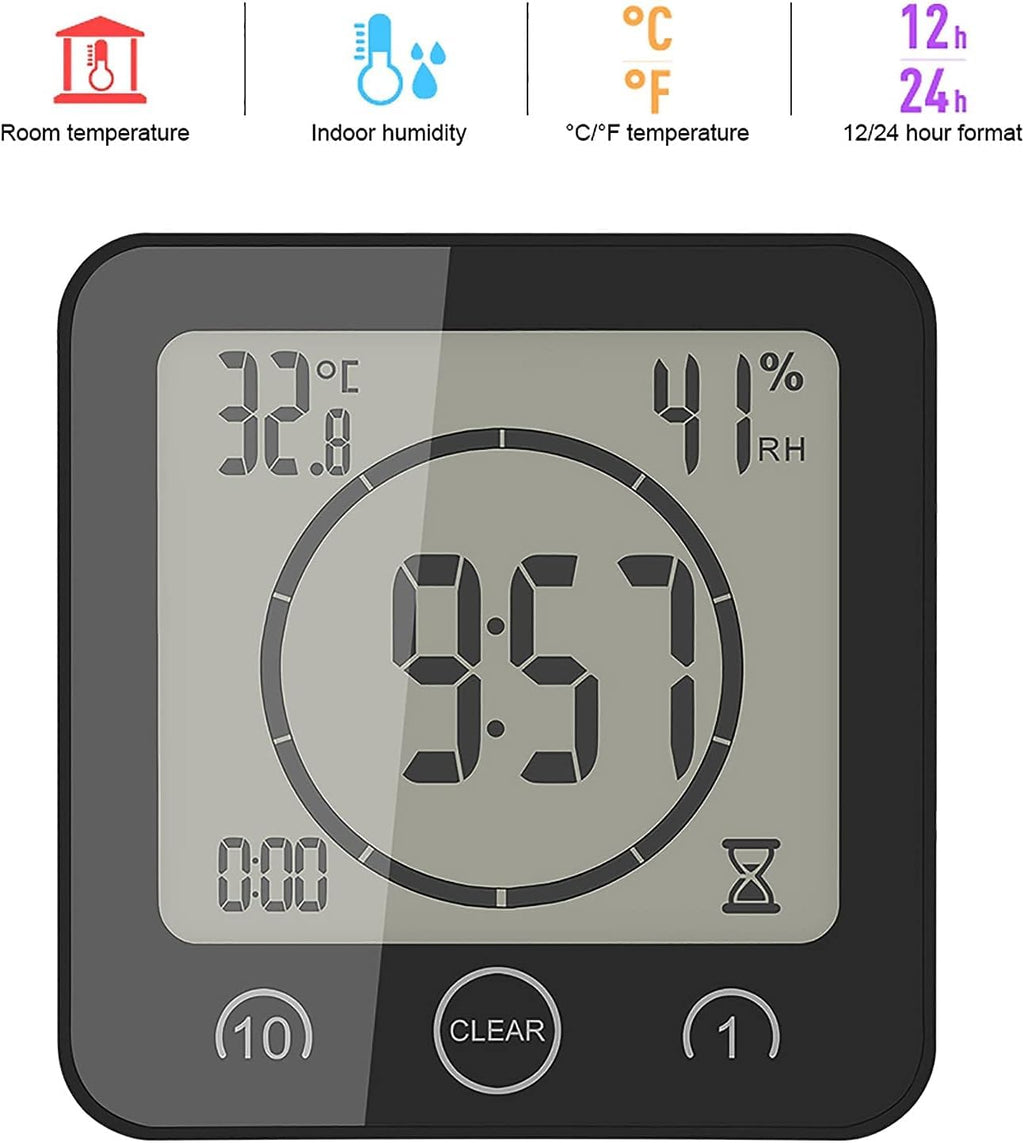Shower Wall Clock Waterproof Sunsbell Digital Temperature Humidity Display with Suction Cup, Touch Screen Timer for Kitchen Bathroom (Black)
