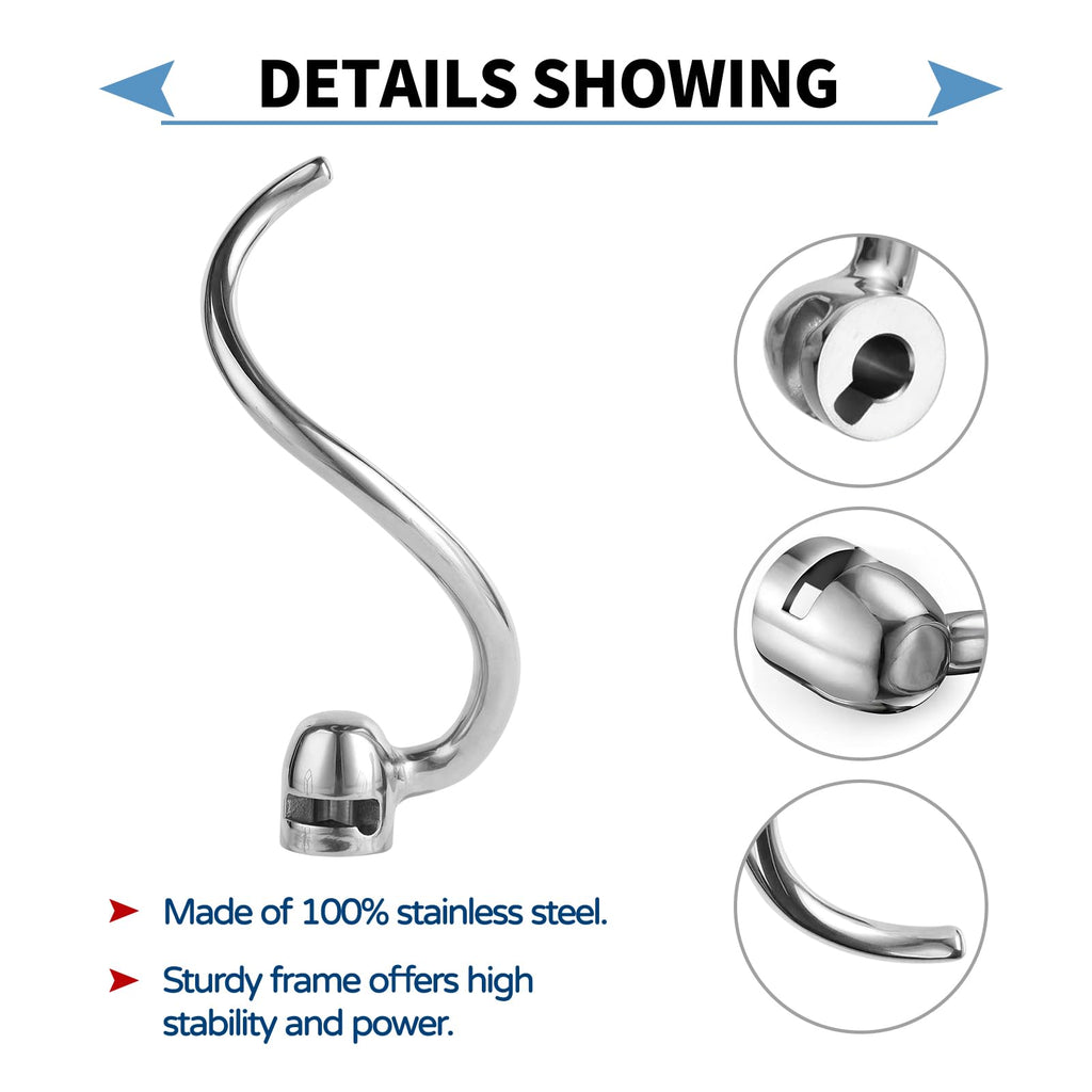 Stainless Steel Spiral Dough Hook Compatible with KitchenAid 5 Plus- 6QT Mixer,Bowl Lift Stand Mixer Accessory, Dough Hook,Rust Resistant, Effectively Kneads Bread,Pizza and Biscuits,Dishwasher Safe