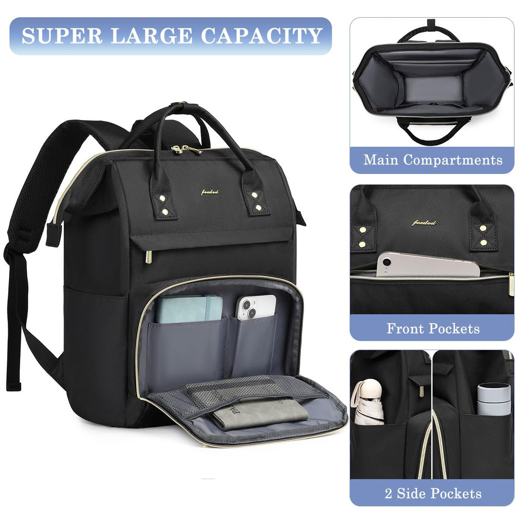 Women Laptop Backpack Work Bag - Fits 15.6 inch with Laptop Compartment Waterproof Professional Fashion Travel Purse for College Nurse Business Computer Backpack Black