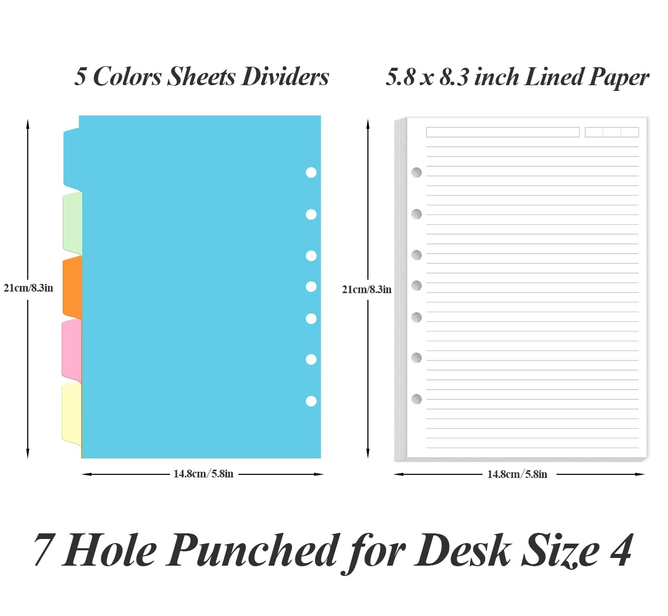 7-Hole Lined Paper Refills for Mini Binder - 100 Sheets/200 Pages 7 Ring Loose Leaf Lined Paper with 5 Colorful Tab Dividers, 5.8" x 8.5"