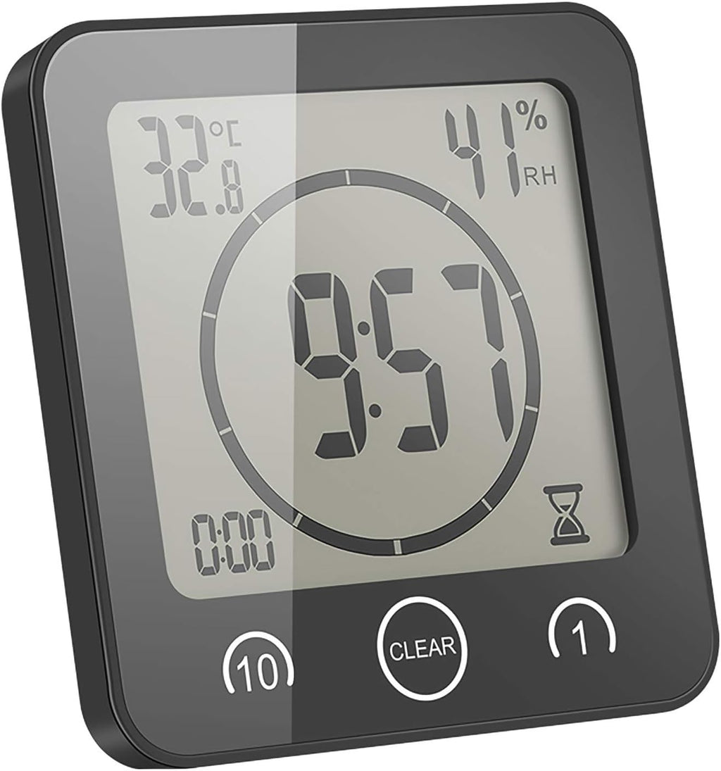 Shower Wall Clock Waterproof Sunsbell Digital Temperature Humidity Display with Suction Cup, Touch Screen Timer for Kitchen Bathroom (Black)