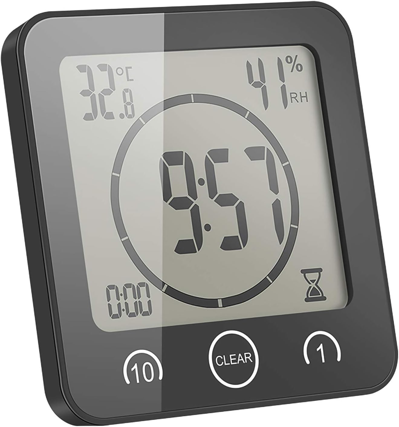 Shower Wall Clock Waterproof Sunsbell Digital Temperature Humidity Display with Suction Cup, Touch Screen Timer for Kitchen Bathroom (Black)