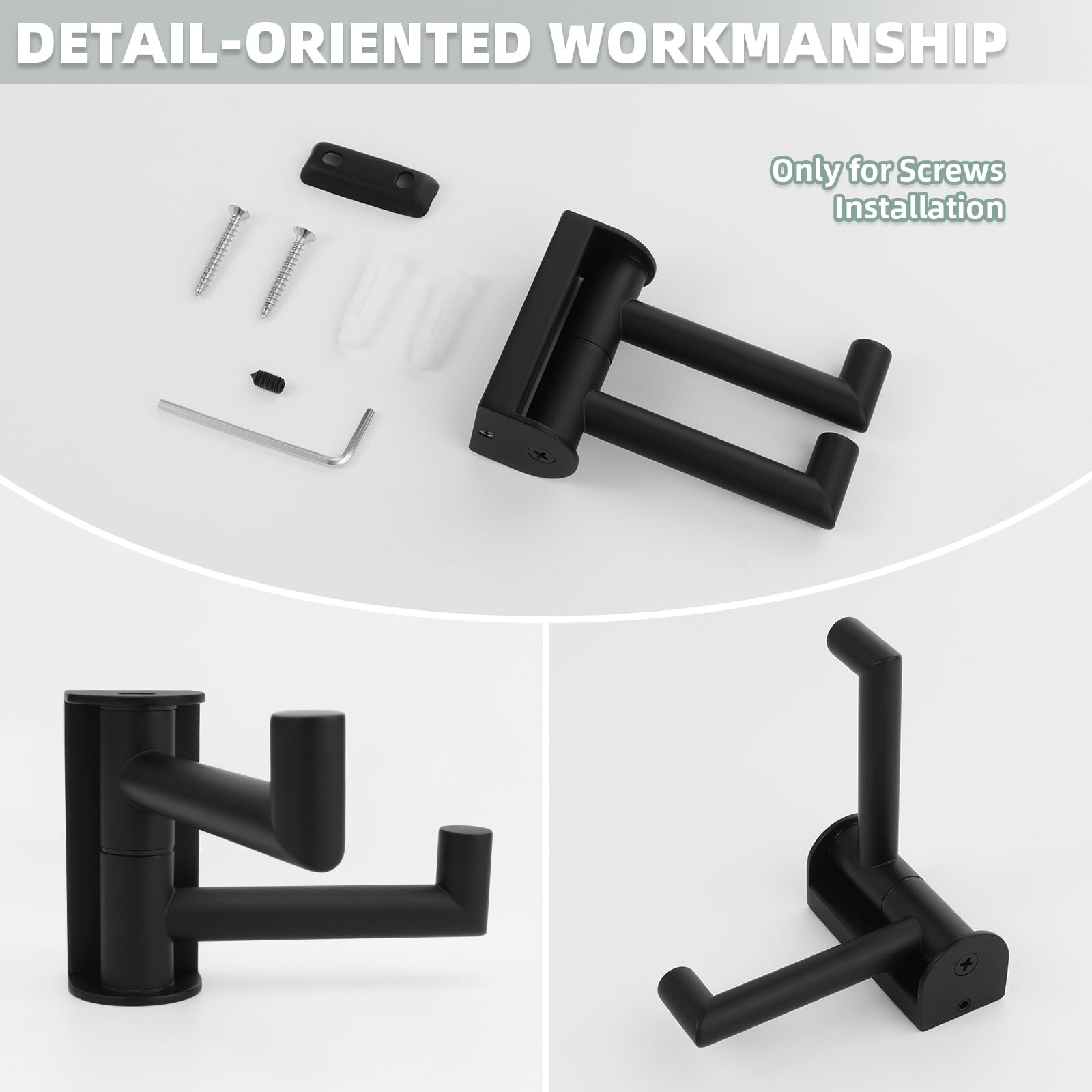 Angle Simple Swivel Double Towel Hook Matte Black, 304 Stainless Steel Robe Hook for Bathroom