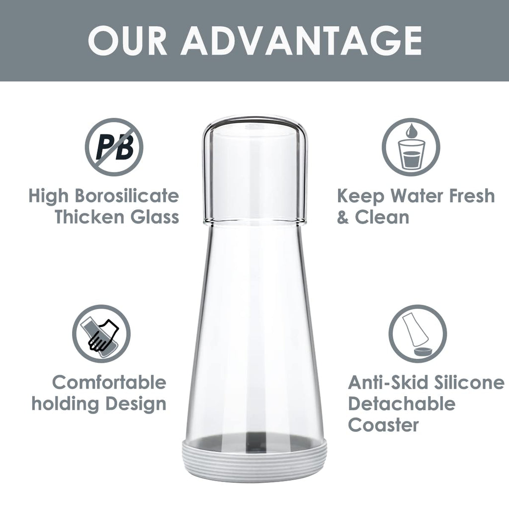 Quyimy Bedside Water Carafe with Glass,Water Carafe Set with Lid Tumbler Glass for Nightstand Bedroom Bath,Night Clear Carafe with Cup & Grey Silicone Coaster Set for Mouthwash,Water,30 oz/850ml