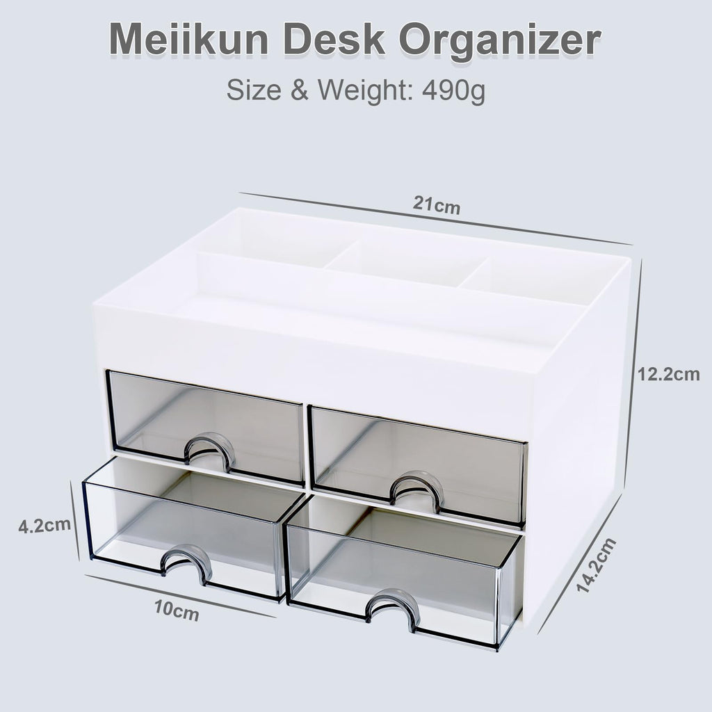 Meiikun Desk Organizer and Accessories, Plastic Stationery Storage Box with 4 Drawers, 3 Compartments & a Top Tray, Bathroom Organizers Makeup Brush Holder for Women, 21 cm x 14.2 cm x 12.2 cm (White)