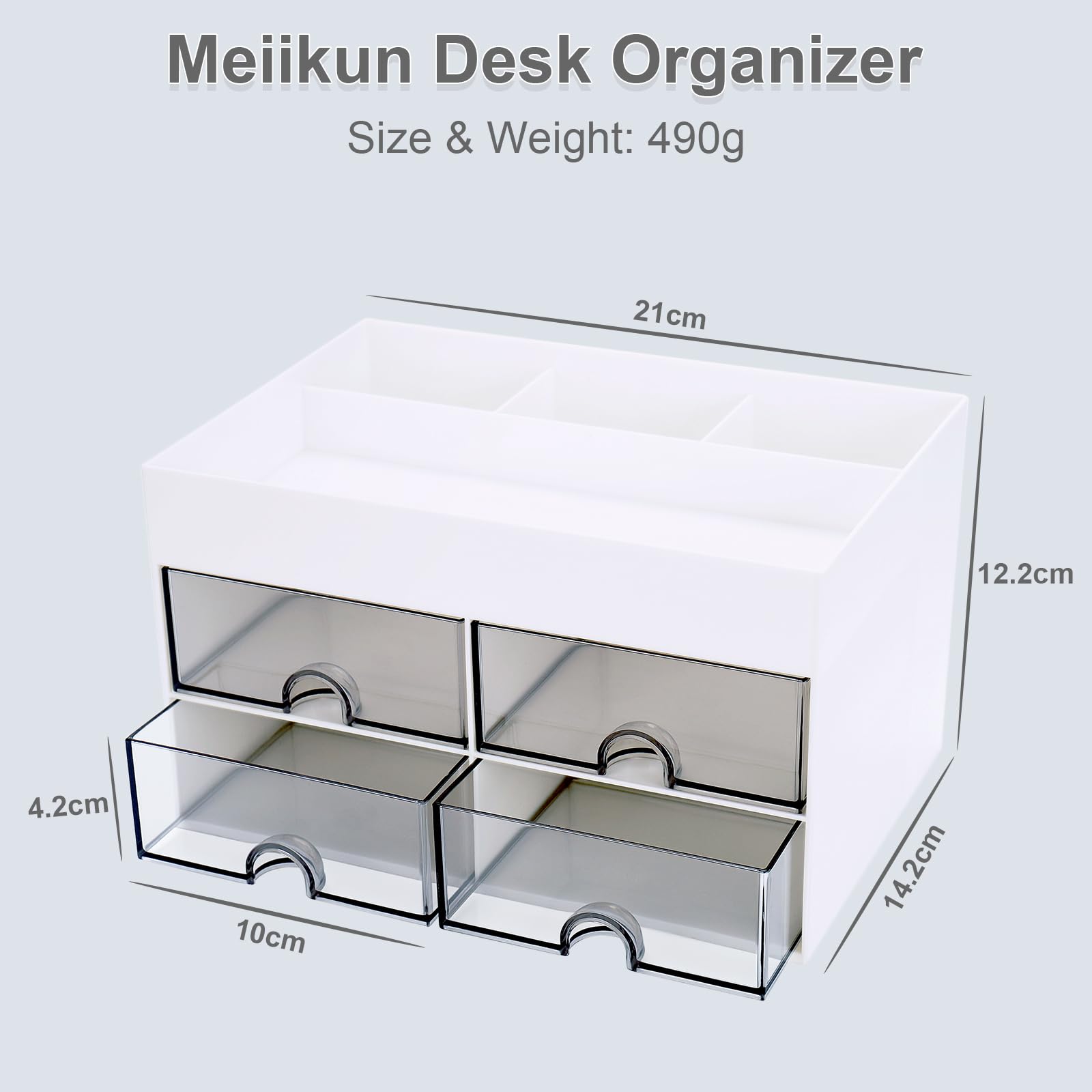 Meiikun Desk Organizer and Accessories, Plastic Stationery Storage Box with 4 Drawers, 3 Compartments & a Top Tray, Bathroom Organizers Makeup Brush Holder for Women, 21 cm x 14.2 cm x 12.2 cm (White)