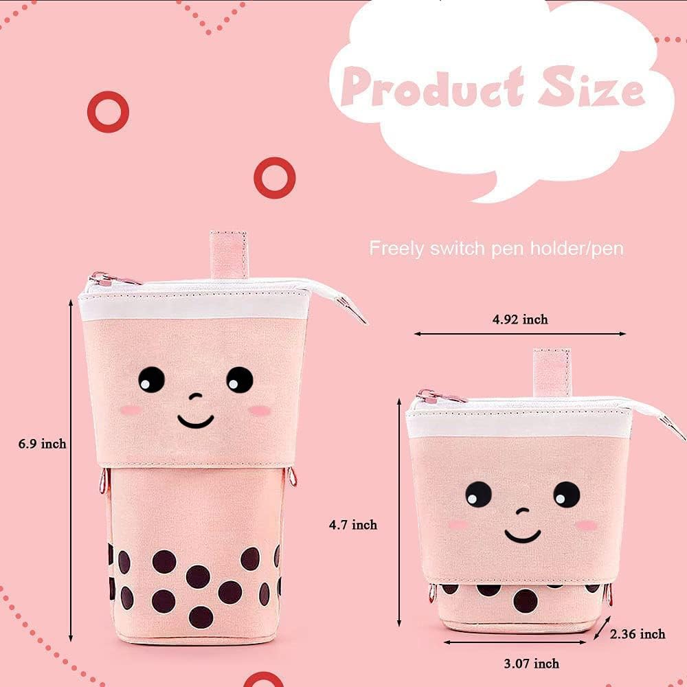 2 Pack Cute Pencil Case Standing Pen Holder Standing Pencil Case Cute Telescopic Kawaii Stationery Pouch Makeup Cosmetics Bag for School Students Office Women Teens Girls Boys,Pink&Brown