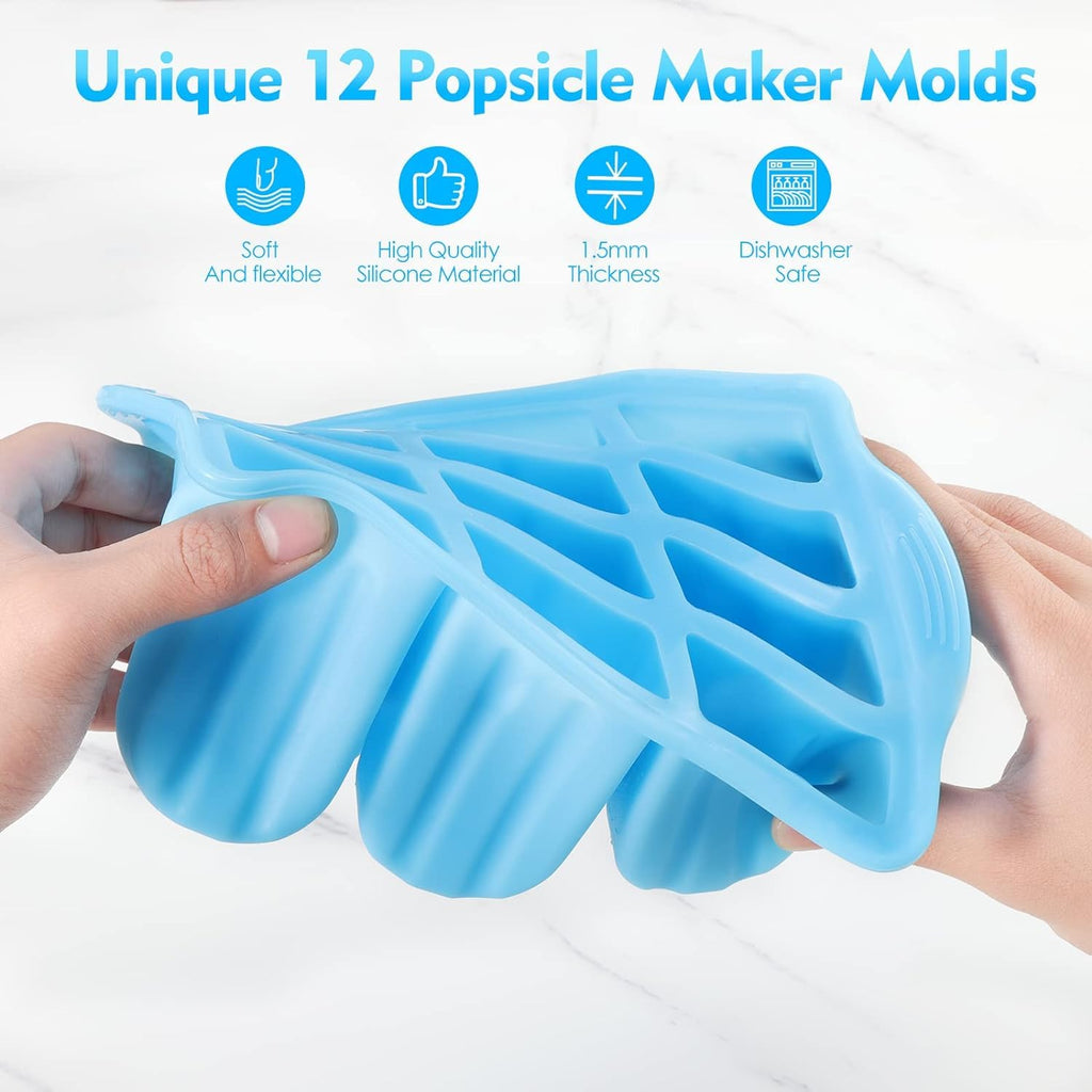 POLCANUR Popsicle Molds Silicone BPA-Free,12 Pieces Popsicle Trays for Freezer,Homemade Ice Cream Popsicle Molds,Large Ice Pop Maker Set,Reusable Ice Lolly Mould with 50PCS Popsicle Sticks