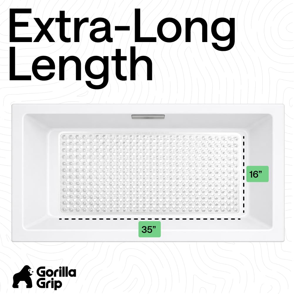 GORILLA GRIP Patented Bath Tub Shower Mat, Machine Washable Bathtub Floor Liner Mats, Suction Cups and Drain Holes to Keep Tubs Clean, Bathroom Essentials, 89x41 cm, Clear