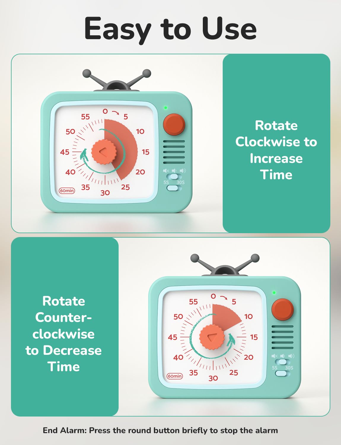 LIORQUE 60 Minute Visual Timer with Pause Function, Visual Timer for Kids and Adults, Time Management Countdown Timer for Classroom Cooking Meting, Non-Ticking Timer