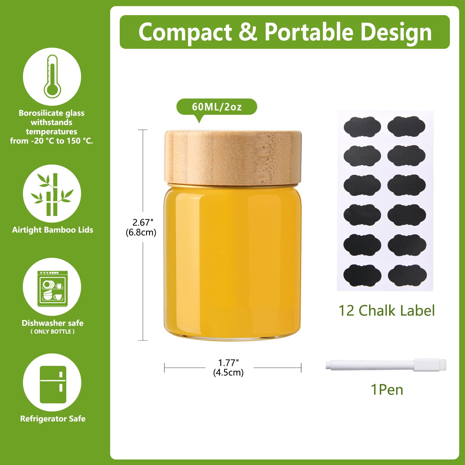 BPFY 12Pack Borosilicate Glass Wellness Shot Bottles with Bamboo Lids, 2oz Small Ginger Shots Bottles, Reusable Mini Glass Bottle for Juice Shots, Homemade Beverages, Liquid (60ml)