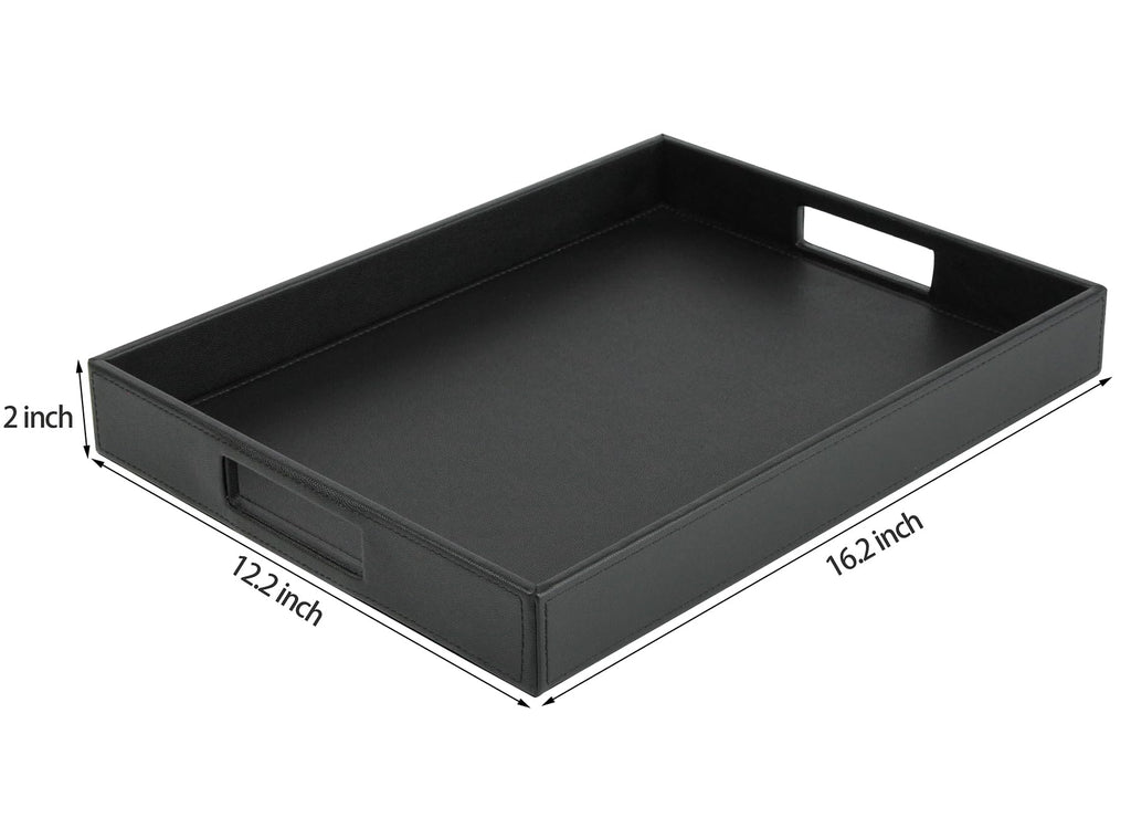 HofferRuffer Rectangle Serving Tray with Hole Handles for Coffee Table, Breakfast, Tea, Food, Butler - Countertop, Kitchen, Vanity Serve Tray, 16.2 x 12.2 x 2 inches, Faux Leather Tray (Black)
