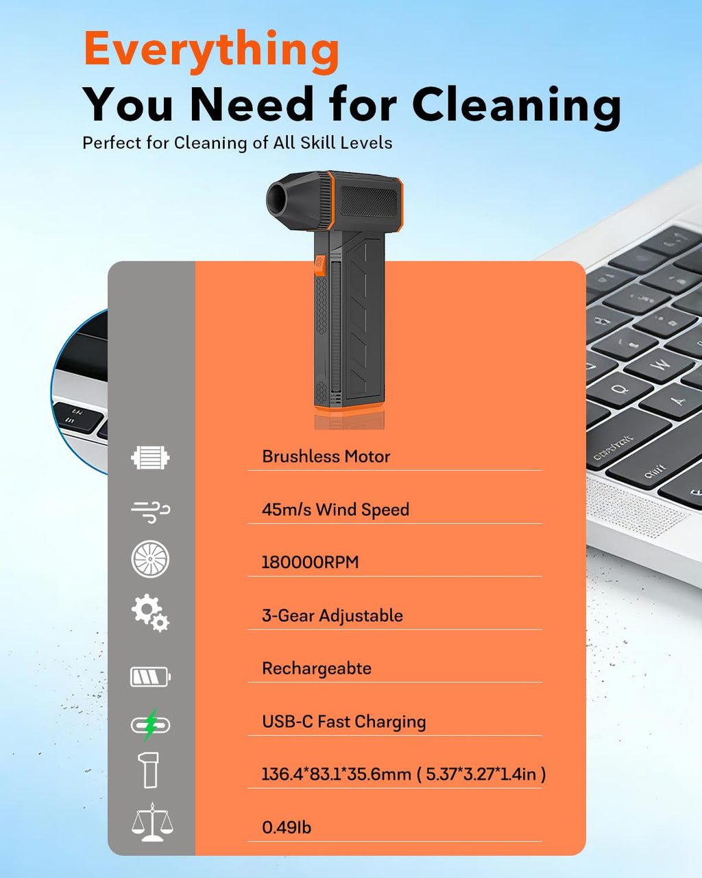Compressed Air Duster 180000RPM Cordless Electric Air Blower – Rechargeable Electric Dust Blower, Keyboard & PC Air Duster, Reusable Canned Air Alternative for Computer, Car, Home, Outdoor Use