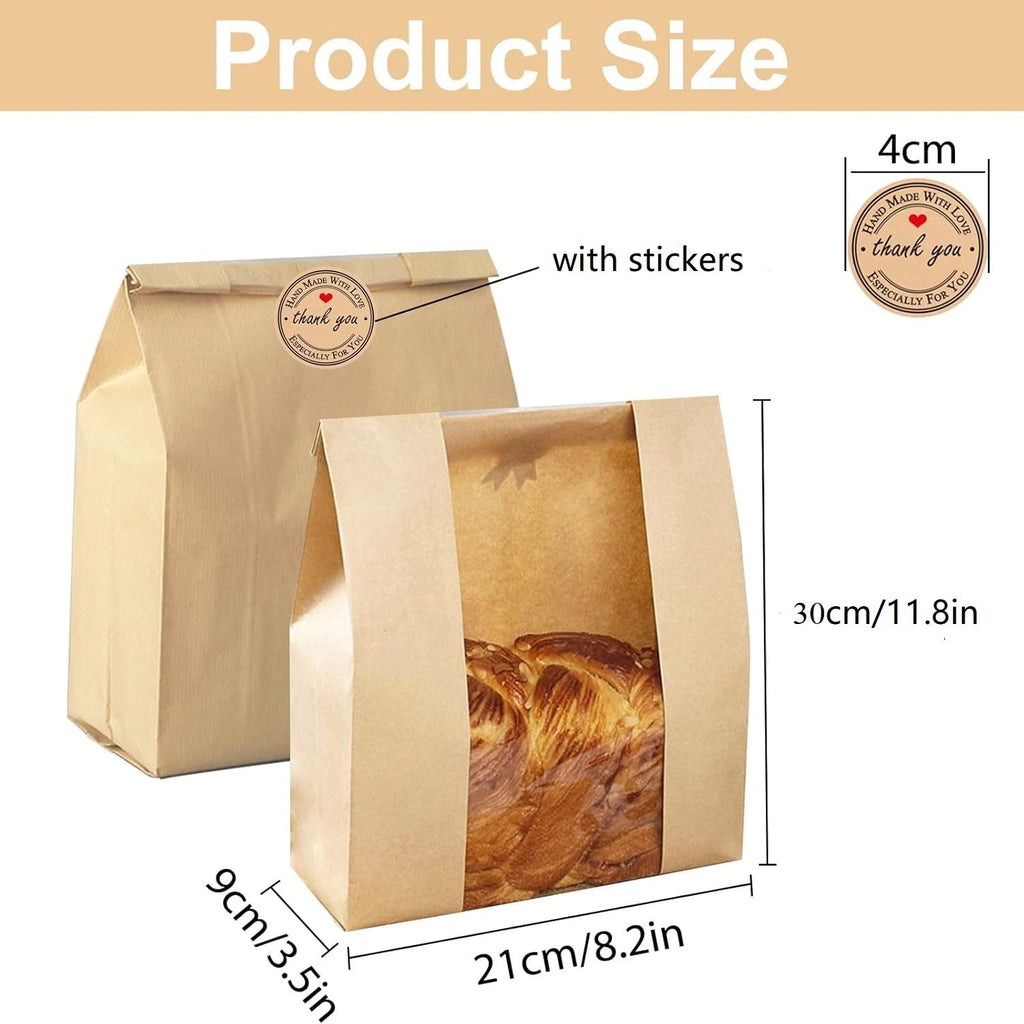 50 Pack Paper Bread Bags with Window Kraft Paper Bakery Bags Loaf Bread Bags for Homemade Bread Paper Bread Bags for Sourdough with Label Seal Stickers (11.8x8.2x3.5 inch)