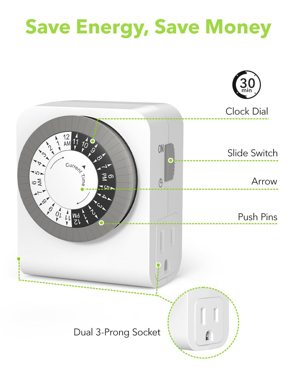 BN-LINK Indoor Dual Outlet Timers, Heavy-Duty Mechanical, 24-Hour, 3-Prong Design with 30-Minute Intervals for Lamps, Indoor Lighting, and Christmas Lights, White, 15A, 1875W, 2 Pack