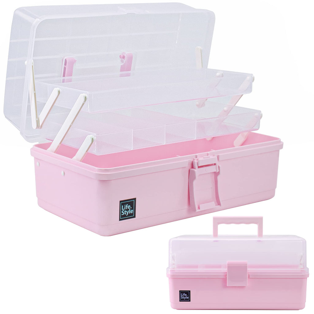 Creahaus 34cm Art Craft Organizer Storage Box with 3 Layers, Multifunctional Plastic Tool Box with Handle for Sewing, Makeup, Medicine, Nail, Hair Accessories (Pink)
