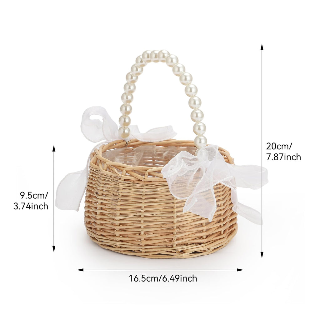 Wicker Rattan Flower Girl Basket Set of 2 Rustic Wedding Flower Girl Basket with Pearl Handle Small Flower Basket for Flower Girl Fairy Wedding Basket Handwoven Easter Baskets for Boys Girls Wedding