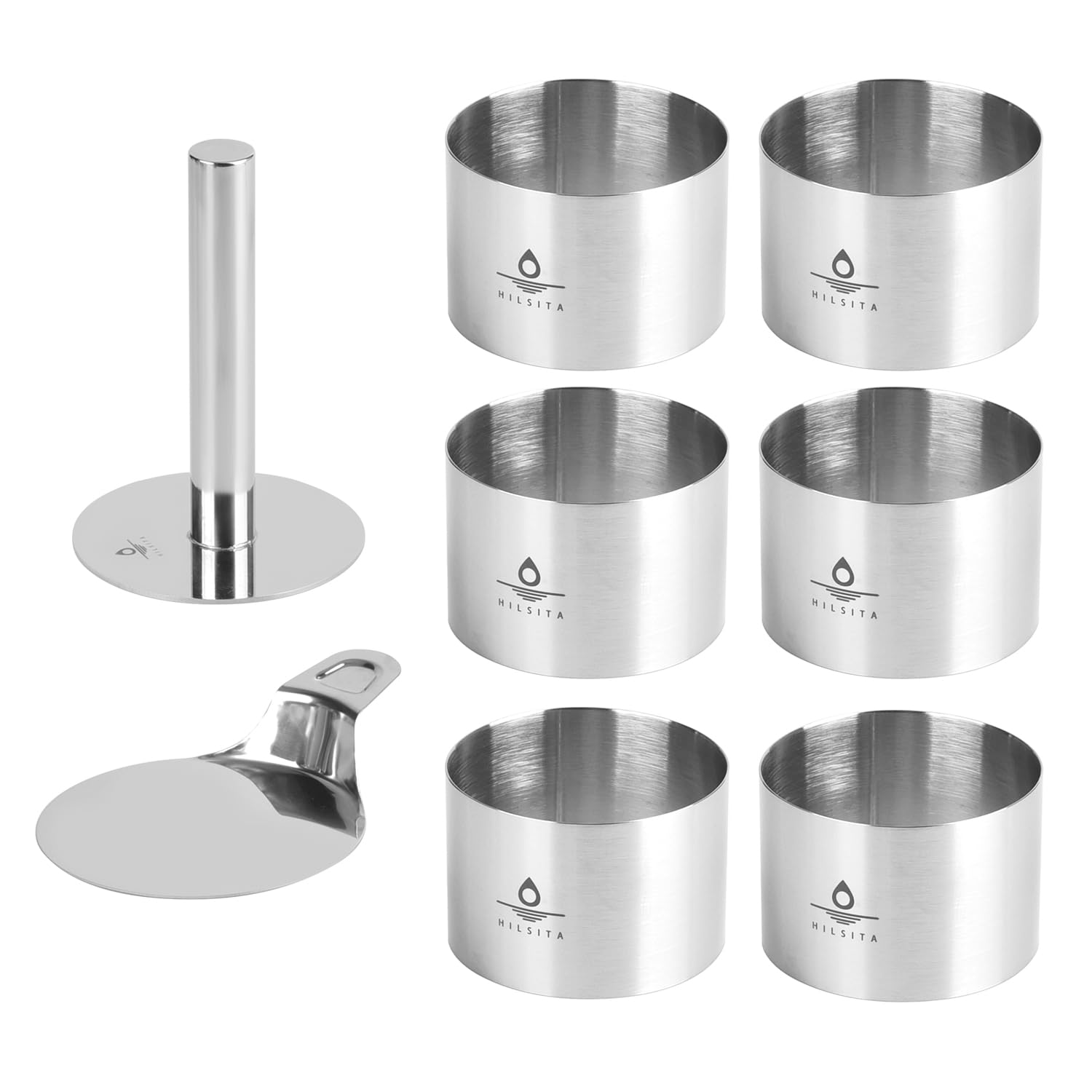 Hilsita Cake Ring Molds, Seamless Stainless Steel Cake Cutter for Baking, Cooking Rings with Pusher & Lifter, Dessert Mousse Molds Baking Tools (8pcs-3in)
