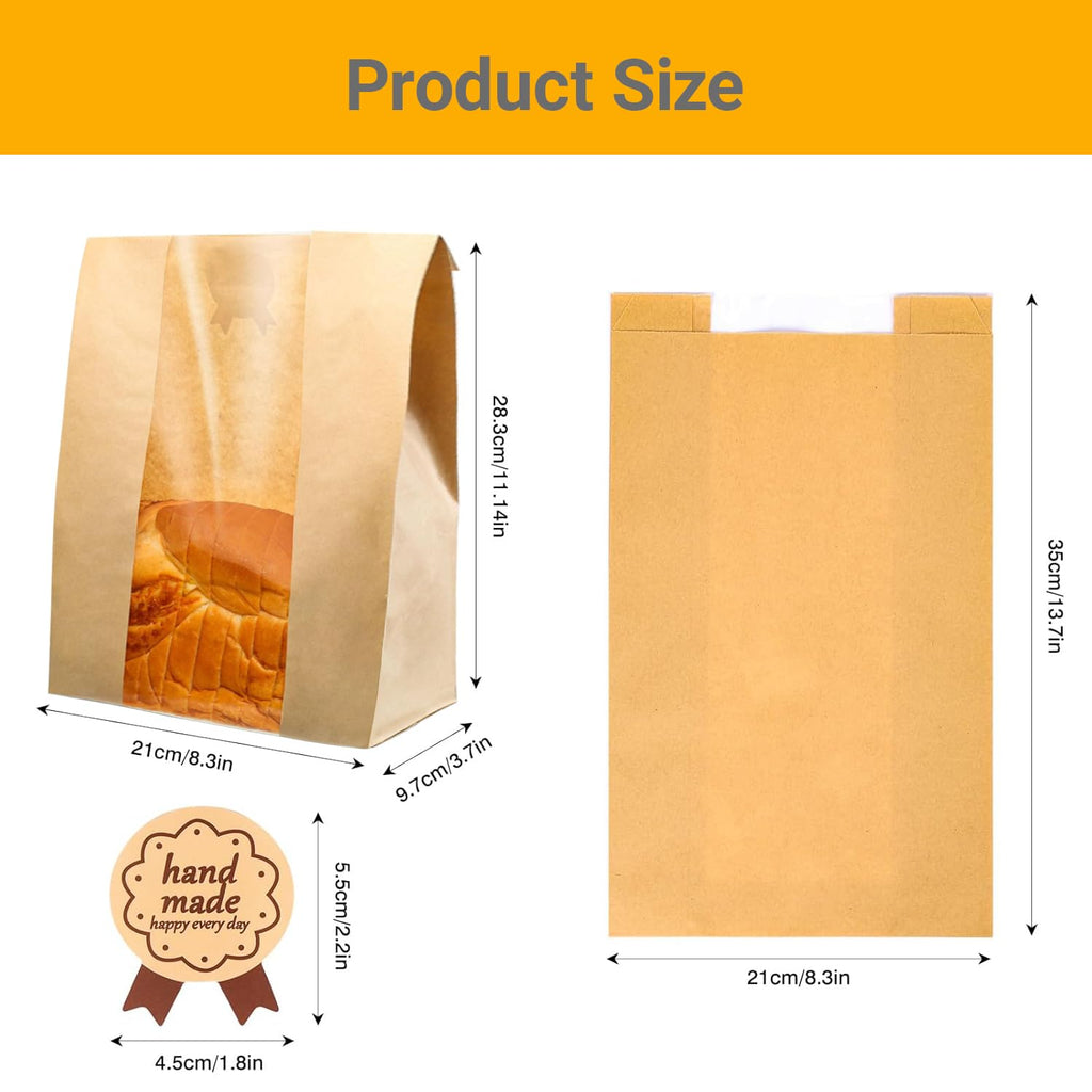 60Pcs Paper Bread Bags for Homemade Bread, Sourdough bread bags with Window, Brown Kraft Paper Bakery Bags with Label Seal Stickers (13.7x8.2x3.7 inch)