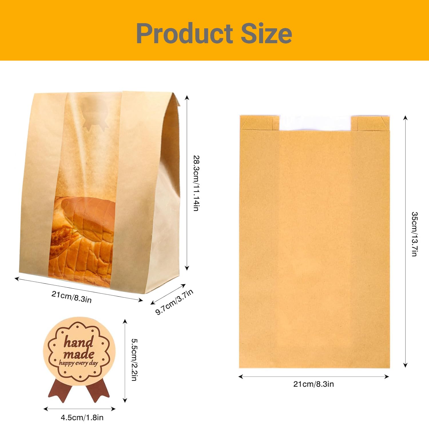 60Pcs Paper Bread Bags for Homemade Bread, Sourdough bread bags with Window, Brown Kraft Paper Bakery Bags with Label Seal Stickers (13.7x8.2x3.7 inch)