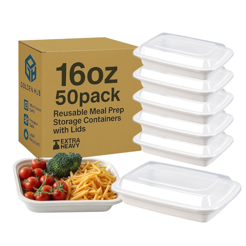 Golden Hub 50 Pack 16 oz White Meal Prep Containers with Lids, Rectangular Plastic Take Out Containers, Microwavable & BPA-Free Food Storage for Lunch & Portion Control