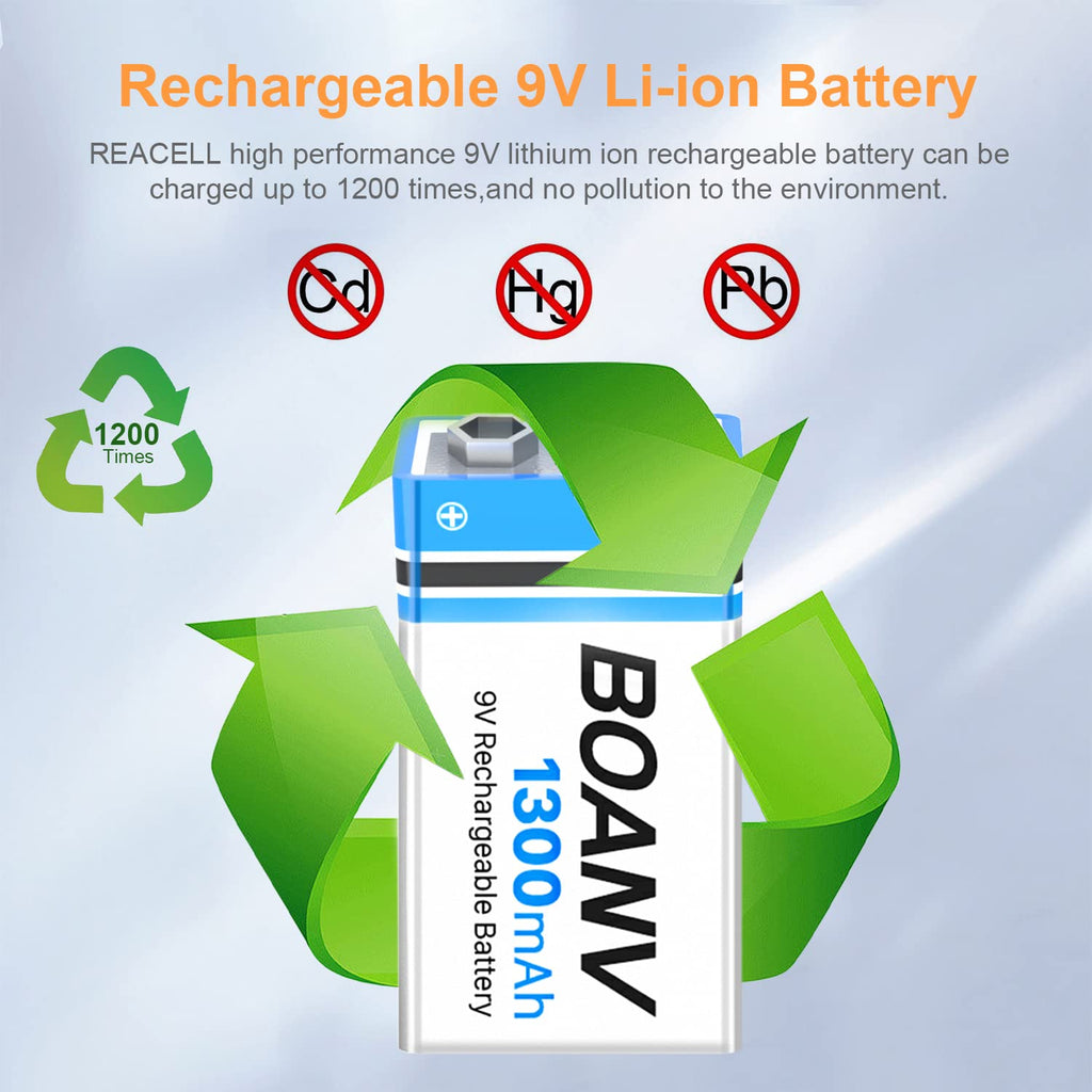 2PCS 1300mAh 9V Rechargeable Batteries, 9V Rechargeable USB Lithium Long Lasting Battery, with 2 in 1 Charging Cable, for Smoke Detectors, Alarms, Keypad, Microphone