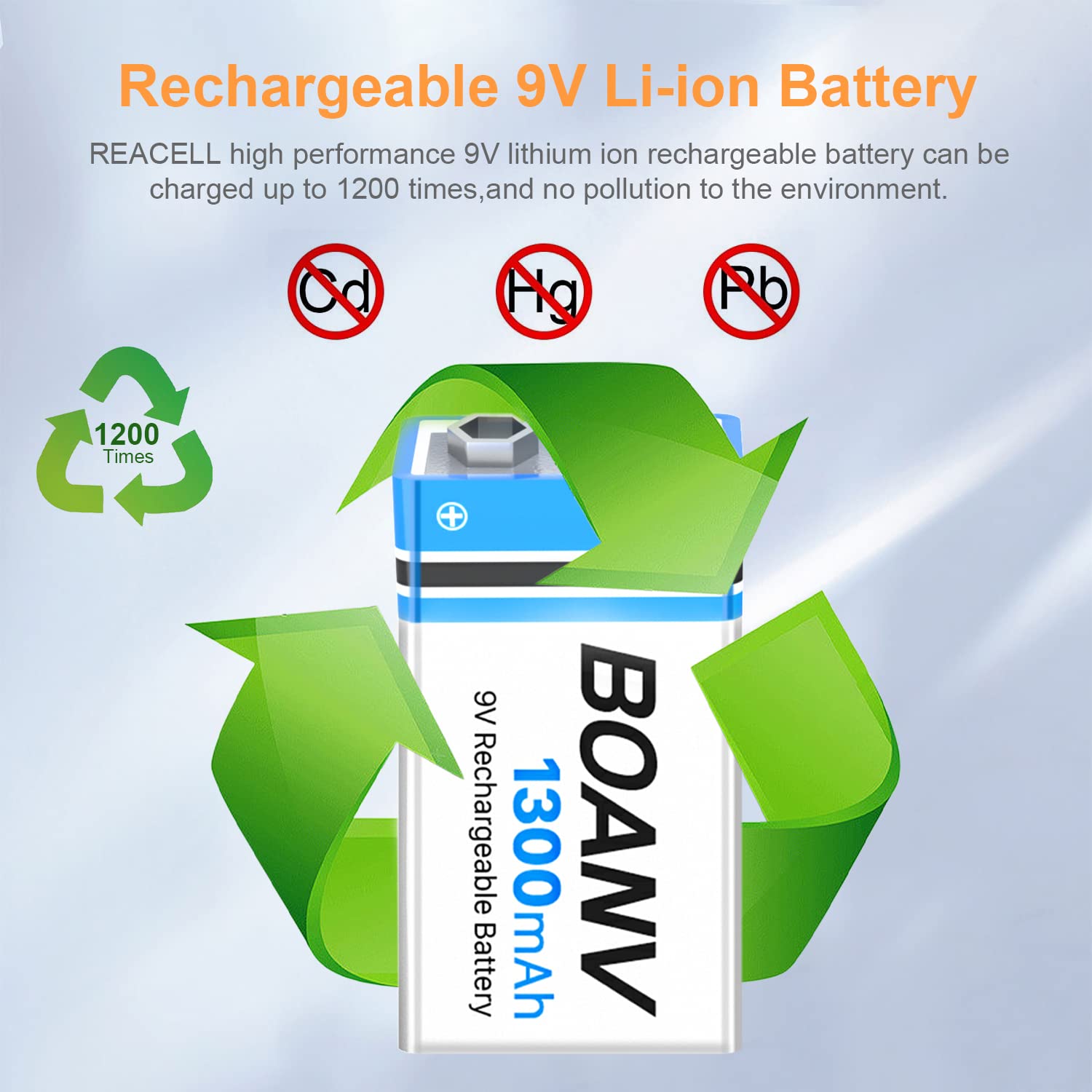 2PCS 1300mAh 9V Rechargeable Batteries, 9V Rechargeable USB Lithium Long Lasting Battery, with 2 in 1 Charging Cable, for Smoke Detectors, Alarms, Keypad, Microphone