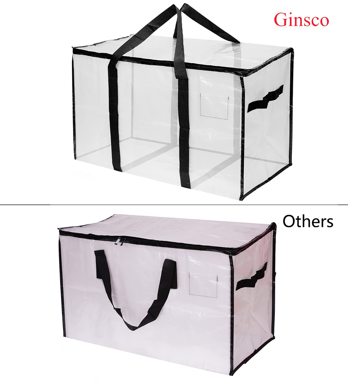 Ginsco Extra Large Heavy Duty Moving Bag Storage Totes Packing Bags Organizer Tote with Strong Handles Double Zippers for Transporting Organizing Travelling College Dorm Bedroom Closet (4 Pack, Clear)