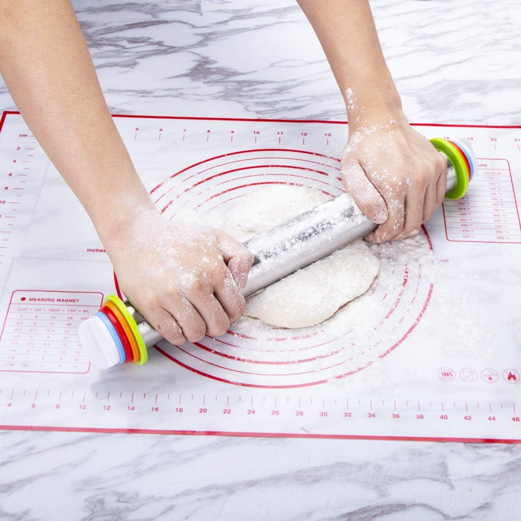 Rolling Pin and Silicone Baking Mat Set, Stainless Steel Dough Roller, Rolling Pins with Adjustable Thickness Rings for Making Dough Pizza Pie Cookies Bread Noodles (Black Pastry Mat) (Red)