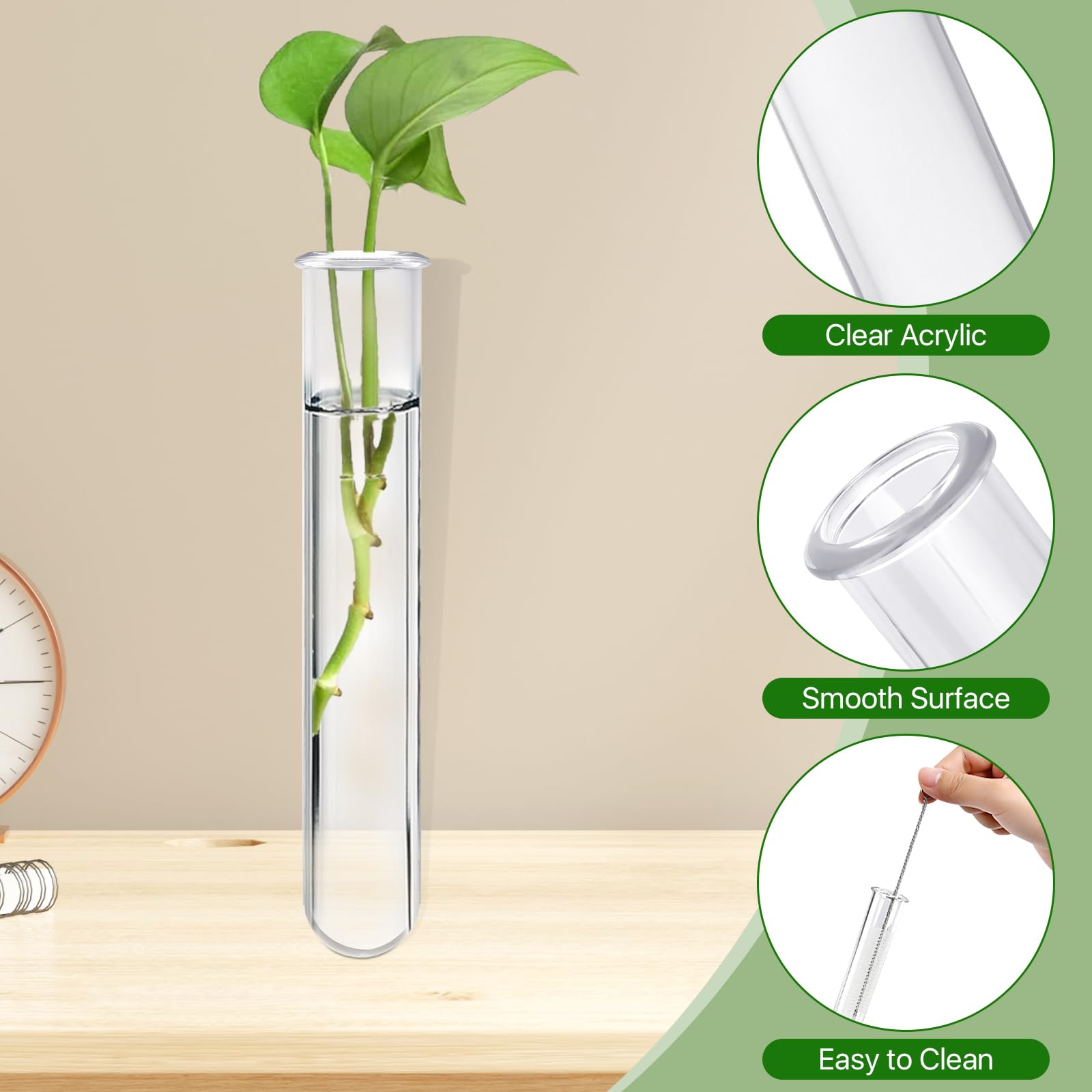Worldity 15Pcs Clear Test Tubes for Plant, 20ml Plant Propagation Tube with Brush, Plastic Test Tubes for Hydroponic Plants, Flowers, Home Office Wall Decor (12cm), Transparent