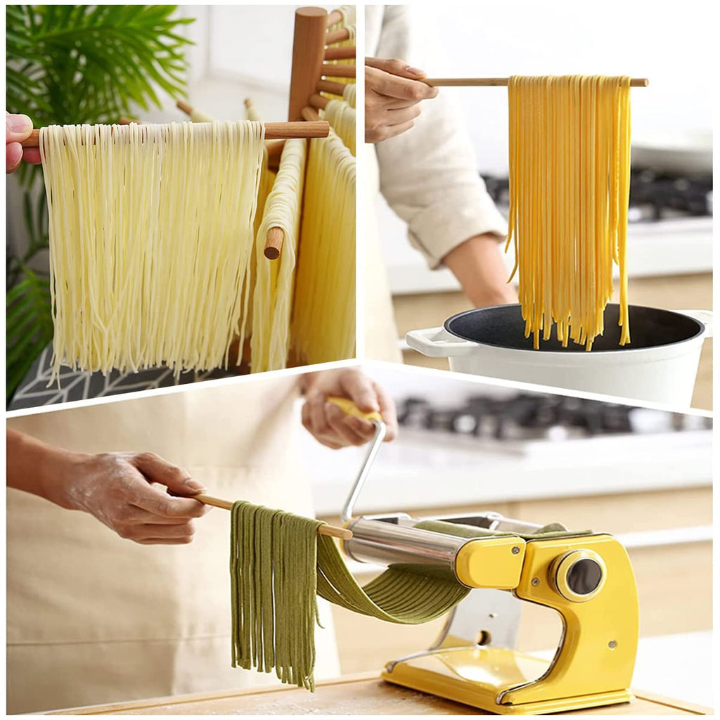Pasta Drying Rack Collapsible Wood Fresh Pasta Dryer Rack Stand Foldable Noodle Hanger with 16 Non-Slip Rods Spaghetti Drying Rack for Kitchen Compact for Easy Storage, Quick Set up (Log Color)