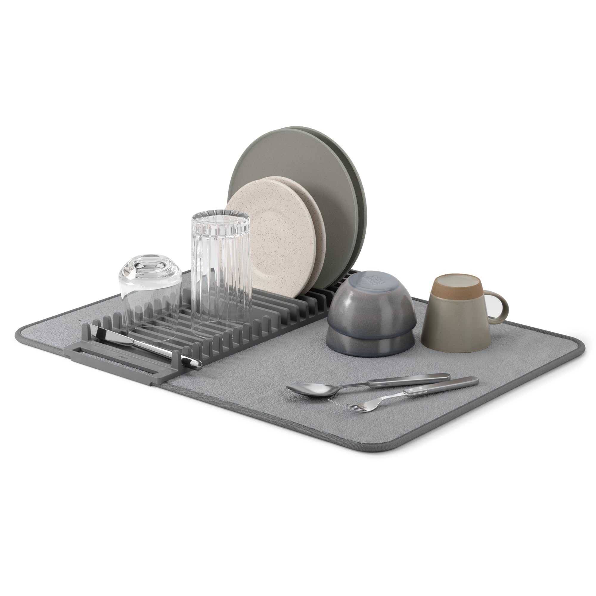 Umbra Udry Dish Rack and Microfiber Drying Mat – Space-Saving Design Folds Up for Easy Storage, Basic Rack, Dark Grey