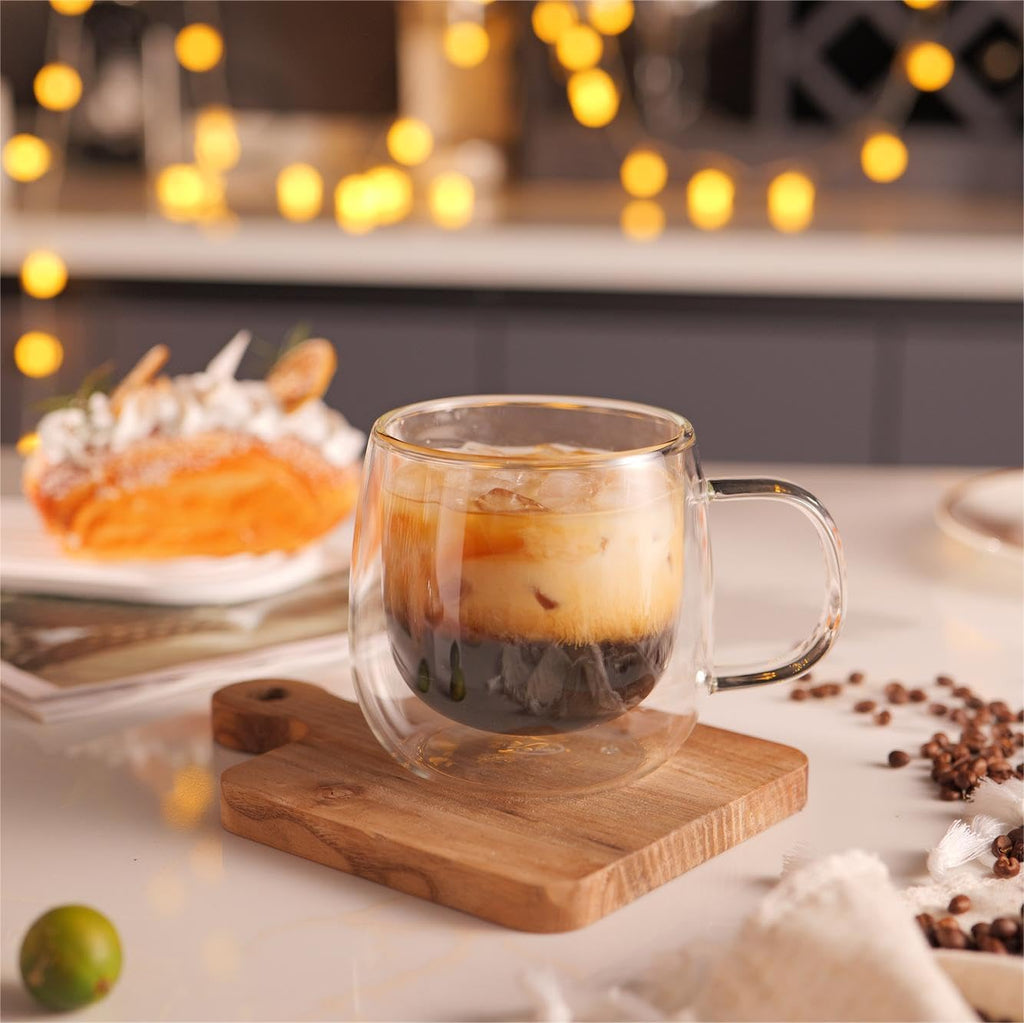 CnGlass Double Walled Glass Coffee Mugs 10oz,Large Insulated Espresso Cups,Set of 2 Clear Glasses Cappuccino Mug with Handle(Tea Latte Glassware)