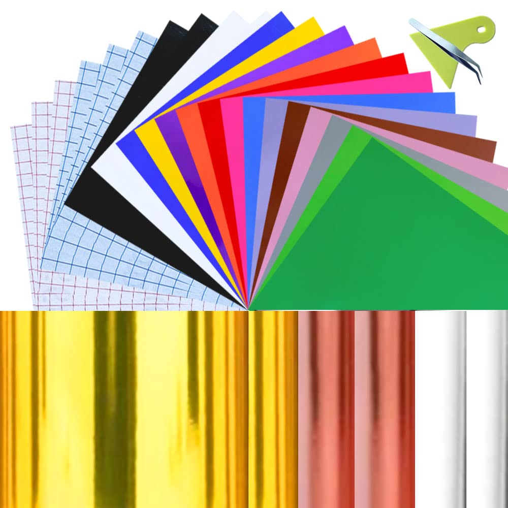 Permanent Adhesive Vinyl 29 Pack for Cricut Machine & Silhouette Cameo- 23 Vinyl Sheets12 x 12" + 6 Transfer Tape Sheets for Mug, Decals, Home Decor, DIY Craft Projects.