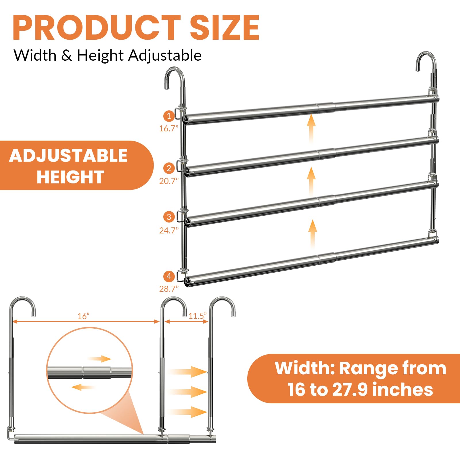 Hanging Closet Rod, Adjustable Height & Width Closet Rods for Hang ing Clothes-Closet Extender Rod Space-Maximizing Design Suitable for Hanging and Drying Clothes, Silver