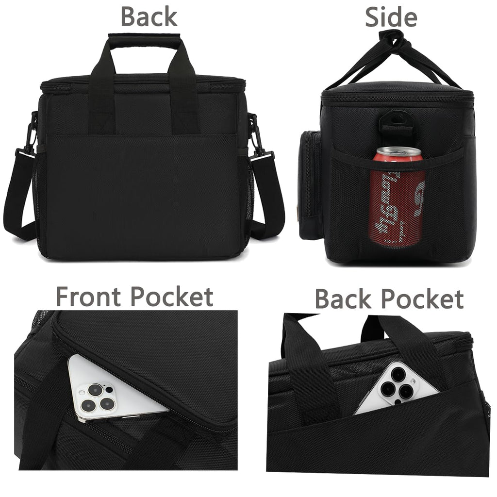 FlowFly Insulated Lunch Bag Adult Lunch Box Large Cooler Tote Bag with Top Handle for Men and Women, with Adjustable Strap, Front Pocket, and Dual Large Mesh Side Pockets, Extra Large(20L), Black