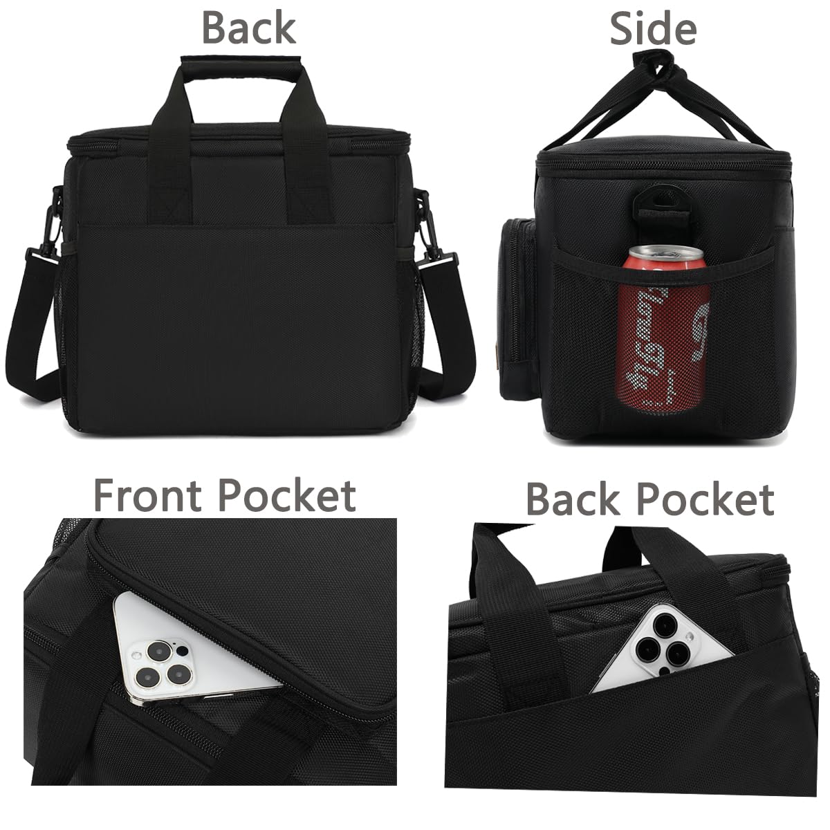 FlowFly Insulated Lunch Bag Adult Lunch Box Large Cooler Tote Bag with Top Handle for Men and Women, with Adjustable Strap, Front Pocket, and Dual Large Mesh Side Pockets, Extra Large(20L), Black