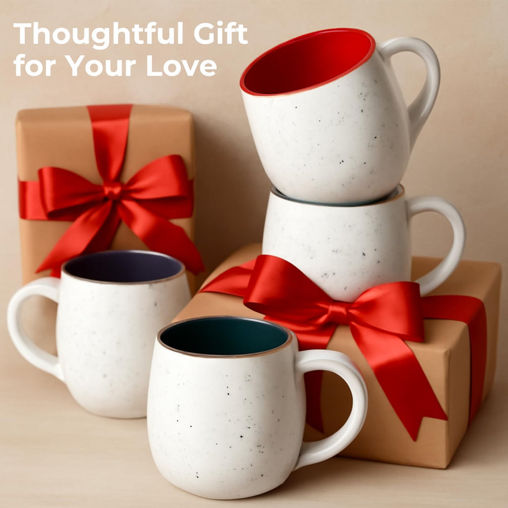 LIFVER 20 Ounces Coffee Mugs Set of 4, Large Coffee Mugs with Color on Inside, Speckled Big White Mugs with Large Handles for Coffee, Tea, Hot Cocoa, Christmas Gifts for Women Men Jumbo Soup Mugs Microwavable