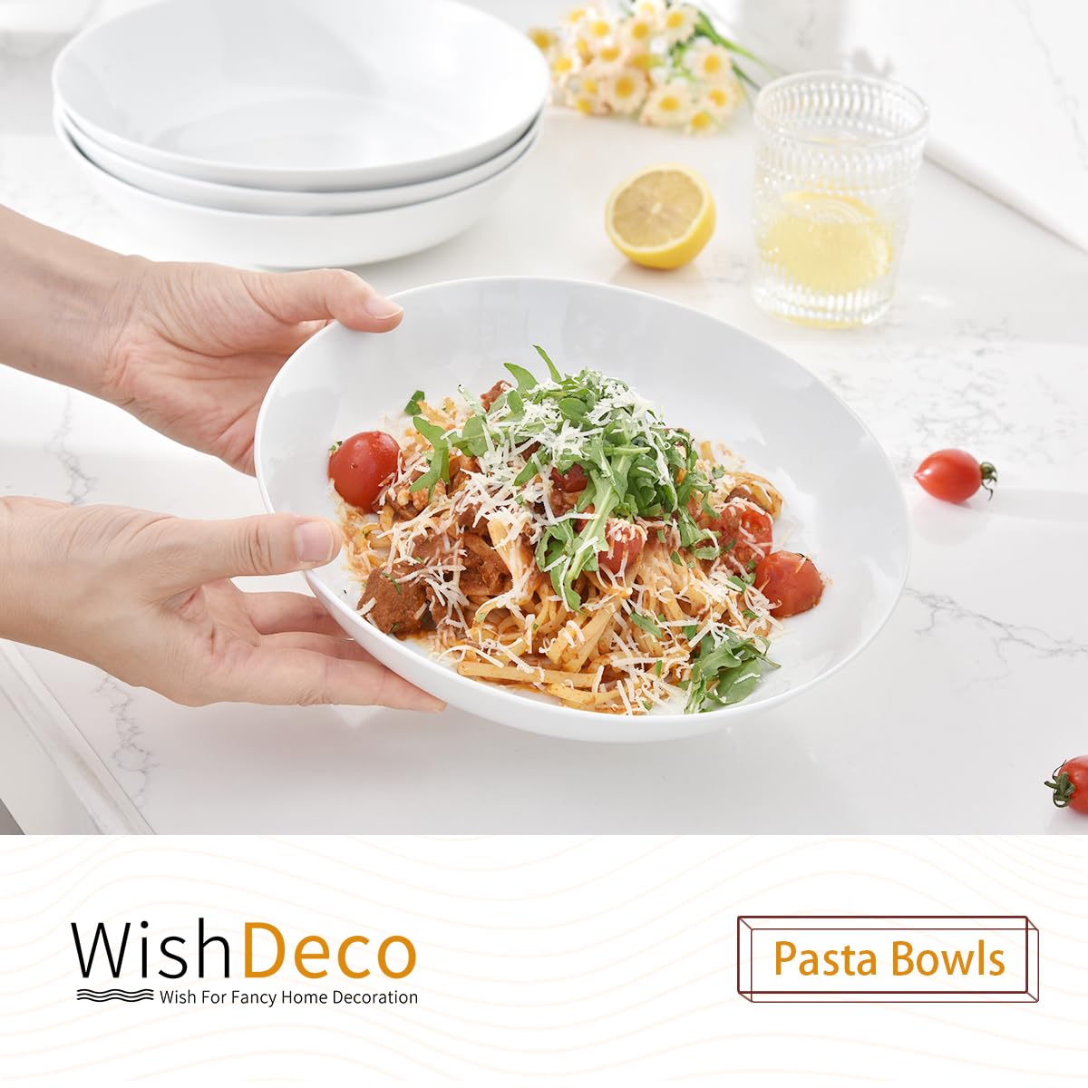 WishDeco White Pasta Bowls Set of 4, Porcelain Salad Bowls 37 oz / 1100 ml, Wide and Shallow Serving Bowl 9 Inch / 23 cm, Large Pasta Plates, Serving Dishes for Soup, Dinner, Microwave Safe